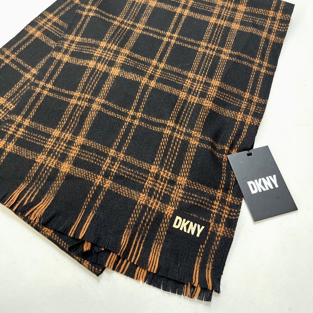 NWT DKNY Scarf Wrap Plaid Tartan Black Brown 12"x70" Soft Polyester Unisex